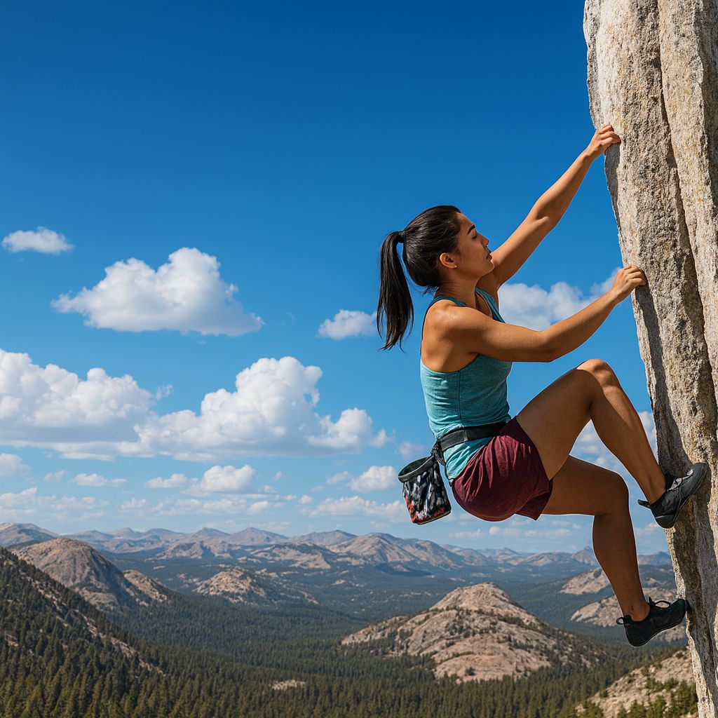 Weibliche Free Climberin hängt an Felsen-Vorsprung